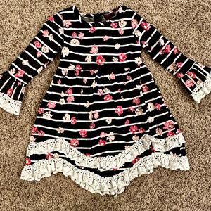 NWOT Black Floral Lace Trim A-Line Dress, sz 6-7